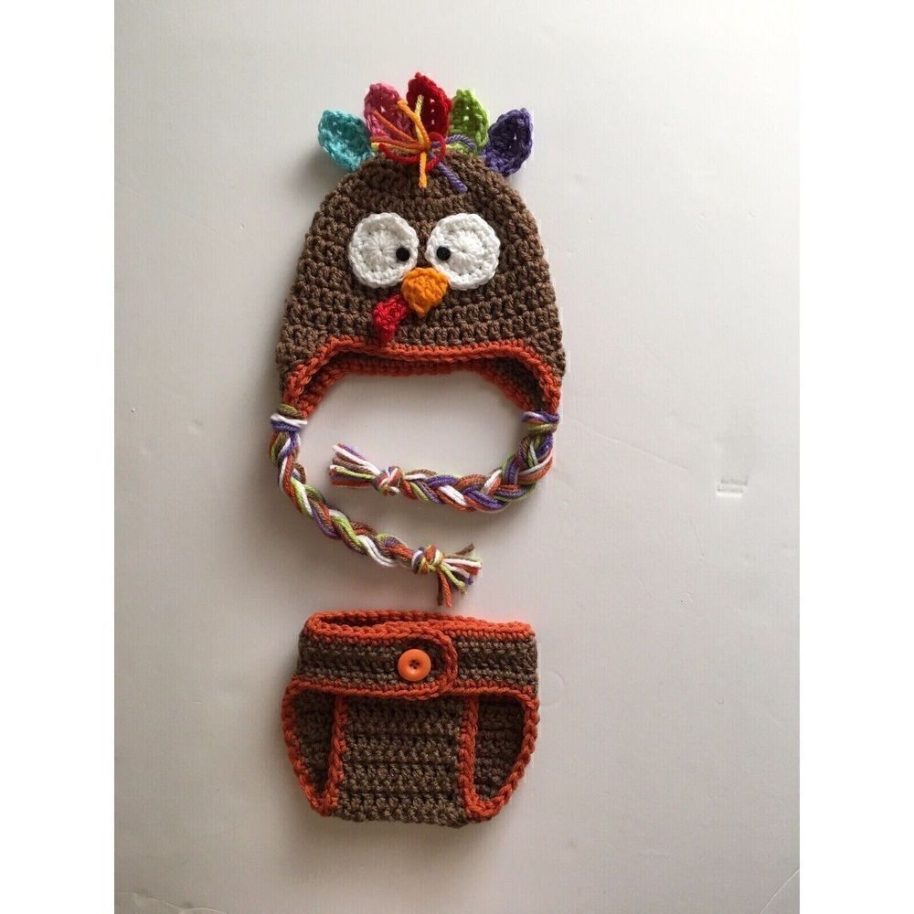 Infant Hand Crocheted Thanksgiving Turkey Costume Photo Prop Set (0-6M)